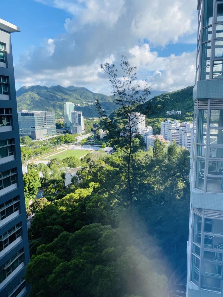 View of city skyline and mountains