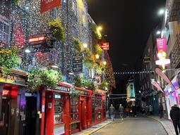 A pub at night with twinkle lights