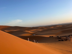 Sweeping orange sand dunes under a clear blue sky at sunset. Small groups of people and camels traverse the vast, tranquil desert landscape.