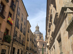 A historic street, a spanish flag, and a domed building in the distance