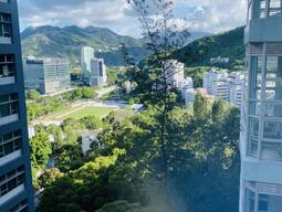 View of city skyline and mountains
