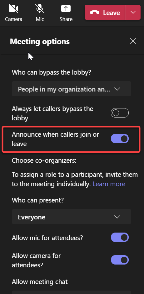 A screenshot of how to toggle the option to announce when callers join or leave in a Microsoft Teams meeting.