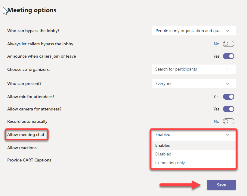 A screenshot of the meeting options for Microsoft Teams showing how to enable or disable the chat.