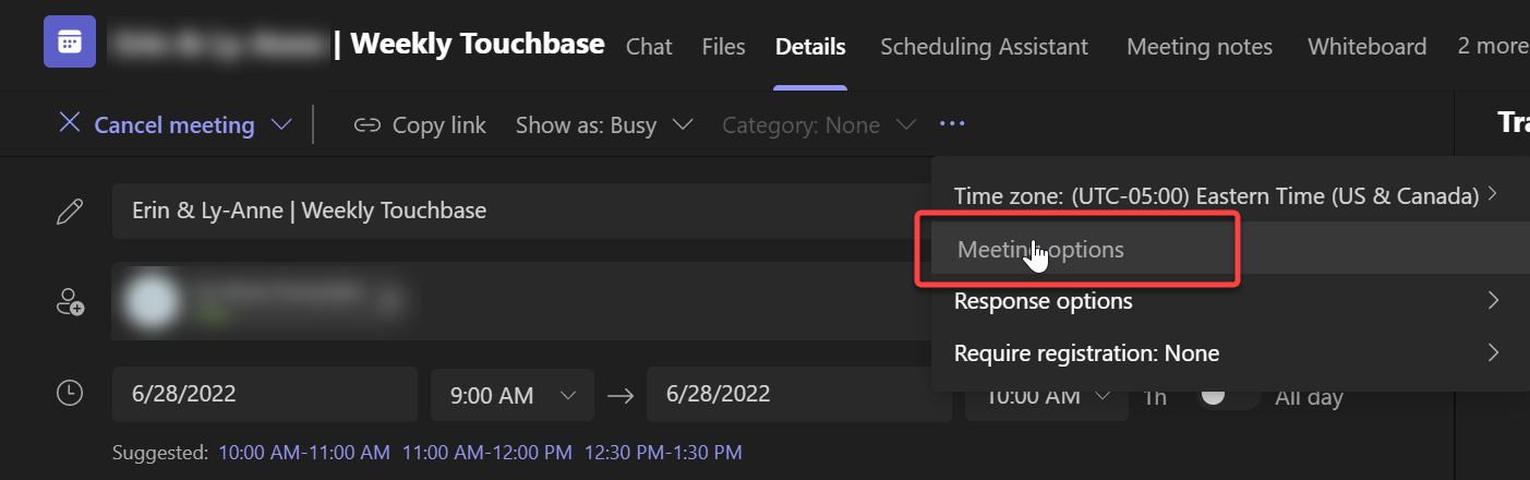 A screenshot showing how to get to the meeting options from a meeting in Microsoft Teams application.