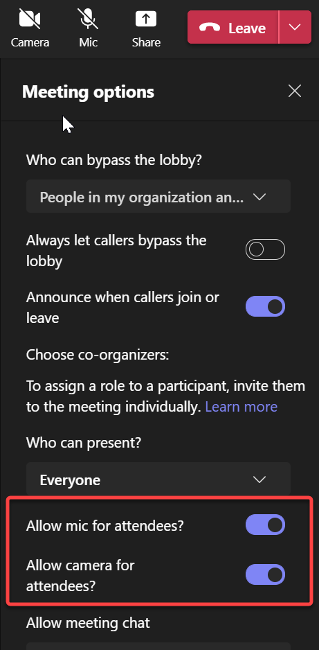 A screenshot of the options menu in Microsoft Teams for disabling audio and video for attendess.