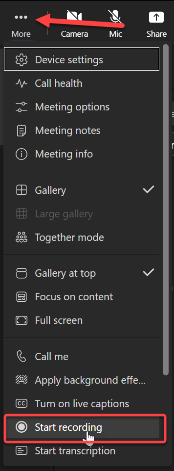 A screenshot showing how to start a recording in a Microsoft Teams meeting.