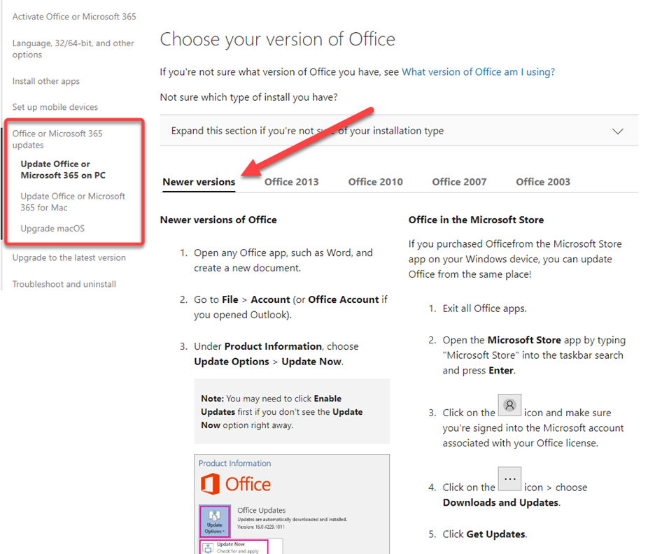 a screenshot of the microsoft support page showing how to update your version of Office applications