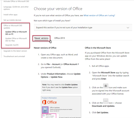 A screenshot of the Microsoft website outlining the steps to take to update software.