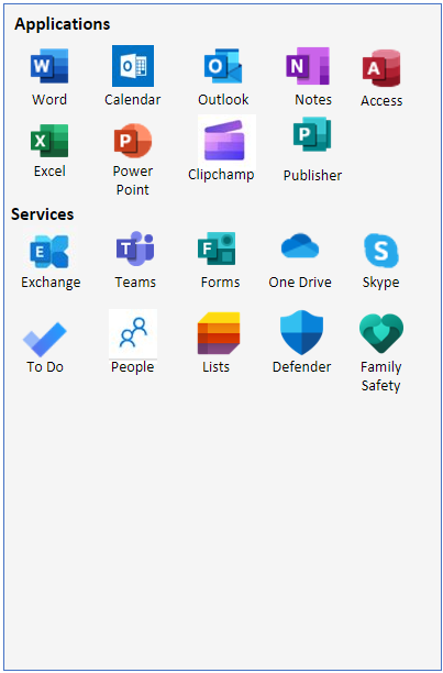 A screenshot of the services available with Microsoft 365 Online or the paid desktop client.