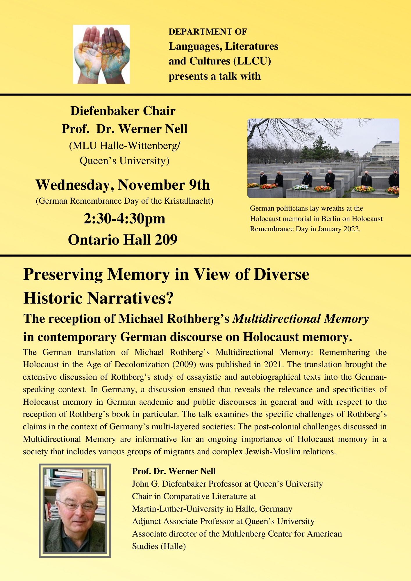 poster for Nov 9/22 talk by Diefenbaker Chair Prof. Werner Nell