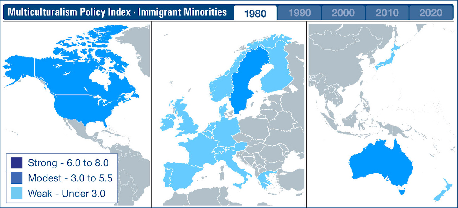 Map depicting the strength of Multiculturalism Policies in 21 countries from 1980