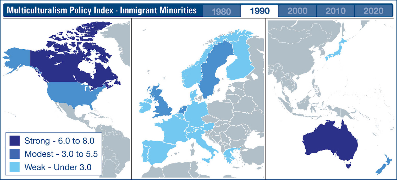 Map showing the strength of multiculturalism policies: 21 countries, 1990