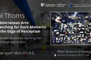 A poster for the Jol Thoms art exhibition titled "Subterranean Art: Searching for Dark Matter at the Edge of Perception" featuring one of the artists artworks which looks like a mosaic of images from SNOLAB.