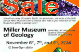 Miller Museum Gem and Mineral Sale poster. Taking place at Miller Hall, 36 Union Street, Kingston, November 6th-8th, 2024, 9am to 5pm daily.
