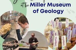 Image with text "Join the fun at the Miller Museum of Geology", March of the Museums. Inset images with a dinosaur skull, entertainer playing a banjo, a child looking into a museum case, and seed balls from LodgePole Arts Alliance