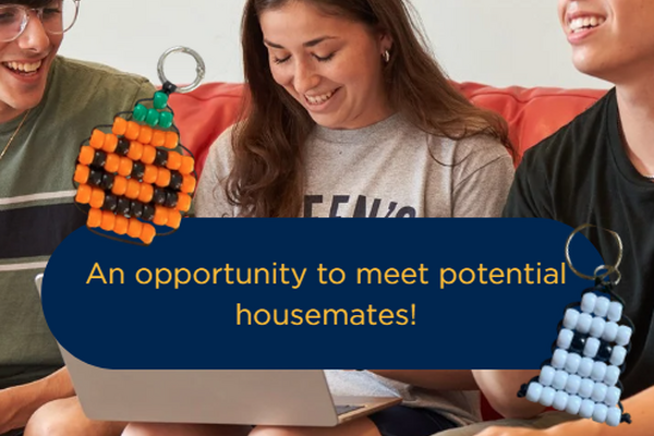 three students sitting on a couch with text that reads: Housemate Search Social: An opportunity to meet potential housemates!