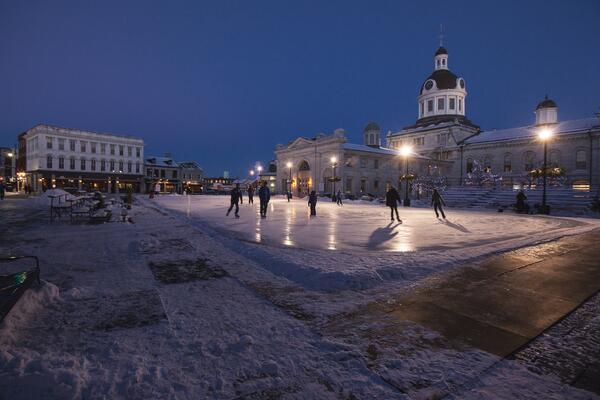 people skating in market square at the outdoor rink in Kingston. 