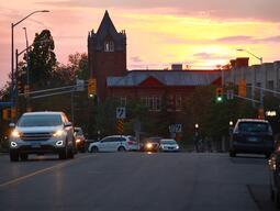Nighttime photo of Queens campus