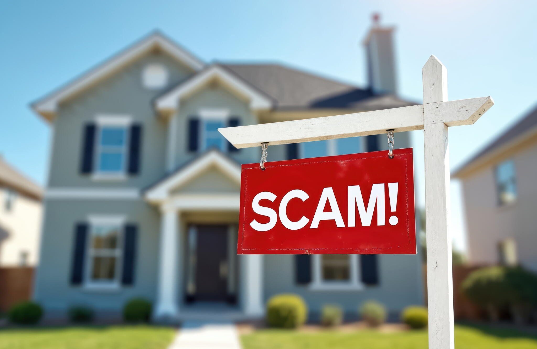 Photo of a hanging sign that reads scam in front of a house