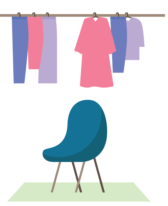 Cartoon image of pink and purple shirts and towels hanging on a clothing line and a blue chair