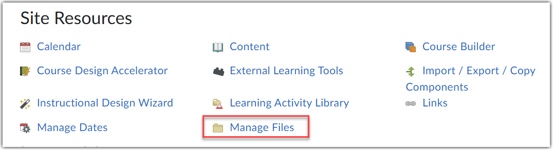 Screen grap of site resources with a red box around manage files.