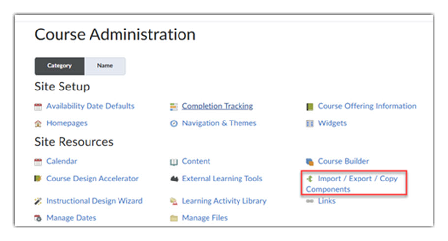Import Export Compony Components is highted on the Course Admin page