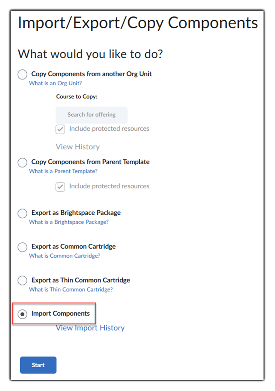 The import export copy components window where you will choose import components