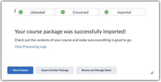 Confirmation window confirming your course package was successfully imported