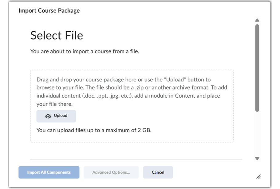 Import Course package window allows you to upload or drag and drop a file