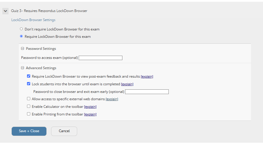 An image showing all the advance setting options available to configure for LockDown Browser