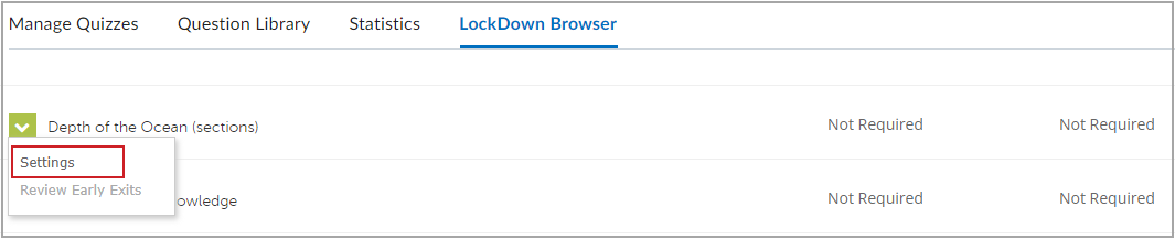 LockDown Browser tab witth the Settings option highlighted