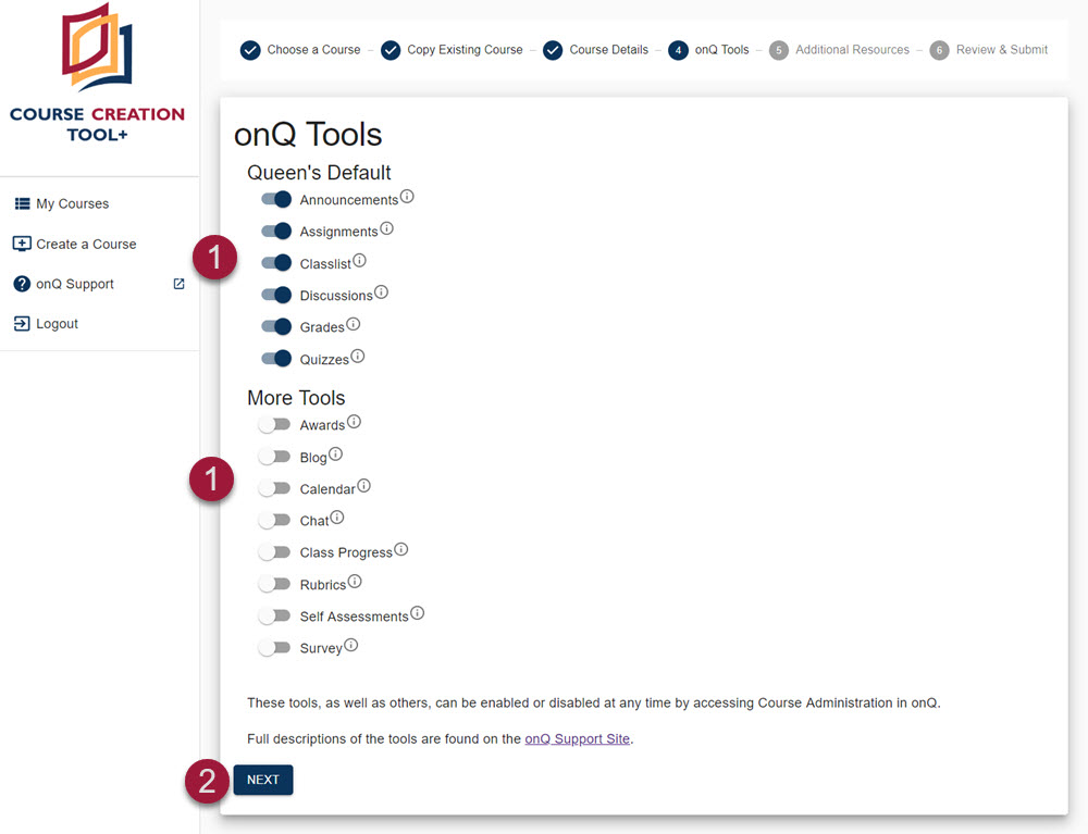 "Screenshot of onQ Tools page"