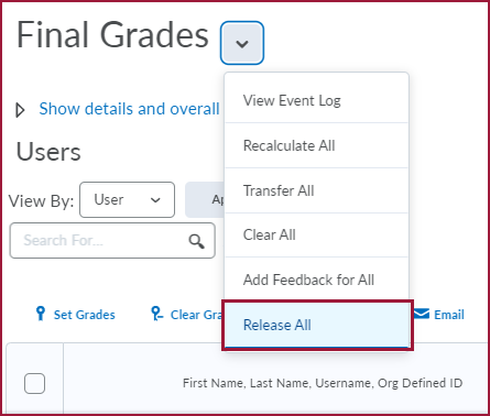 "Screenshot of the Release All option in the Final Grades drop-down."