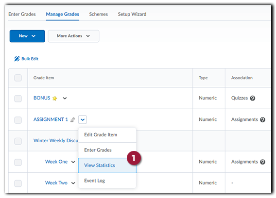 "Screenshot of the Manage Grades page and View Statistics option in the drop-down menu"