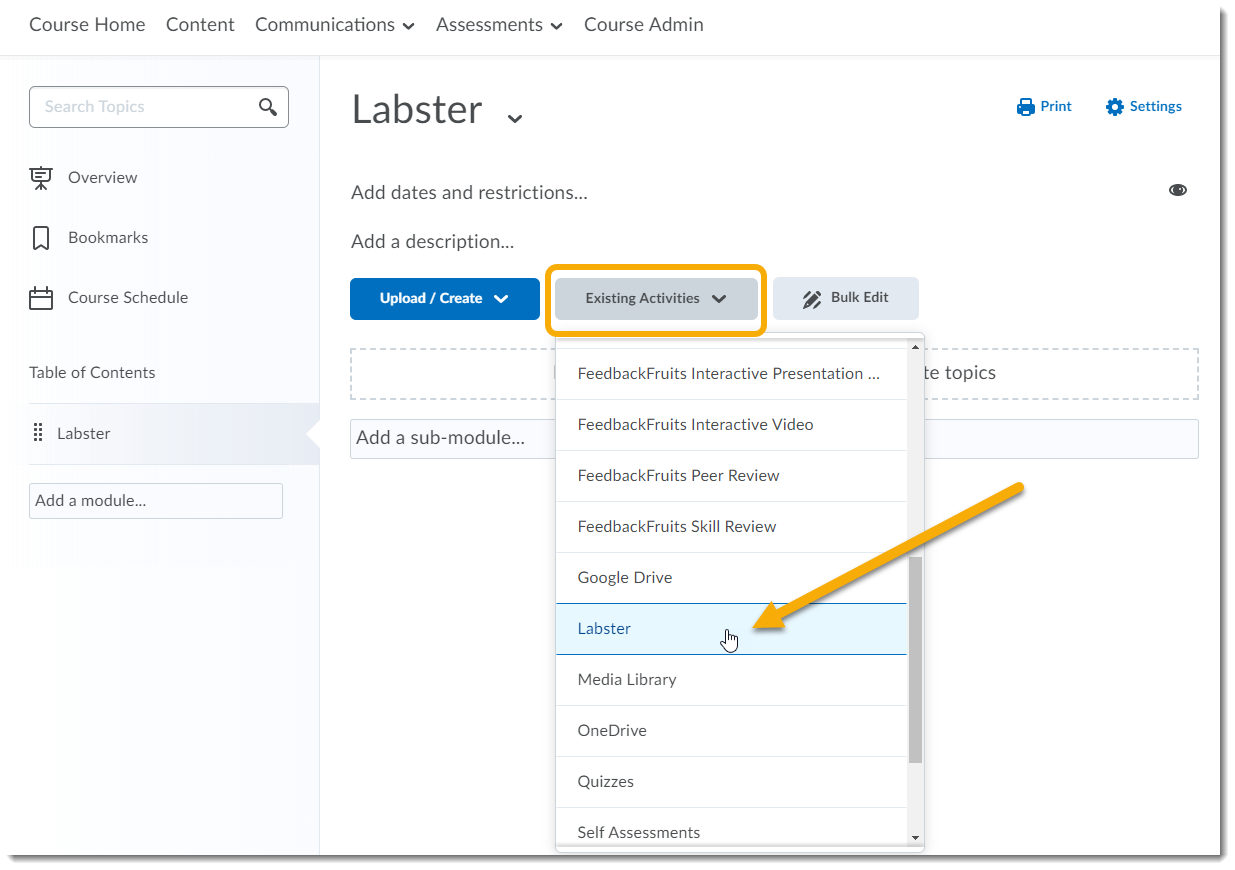 select Labster link from existing activities menu