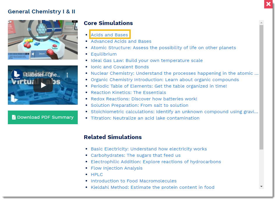 "Screenshot of list of Labster simulations"