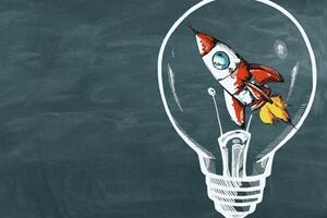 Graphic featuring lightbulb and rocket inside