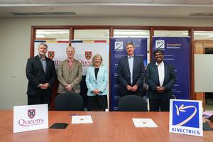 Jim Banting (Assistant Vice-Principal, Partnerships and Innovation), Mark Daymond (Professor in Mechanical and Materials Engineering and the Canada Research Chair in Mechanics of Materials), Nancy Ross (Vice-Principal Research), David Harris (President and CEO, Kinectrics), and Sriram Suryanarayan (Director of Innovation, Kinectrics).