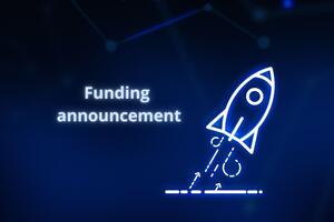 Slide text reads "funding announcement" with graphic of neon rocketship launching