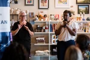 Afiya Beauty co-founder Shamsa Hassan speaks at the WE-CAN event