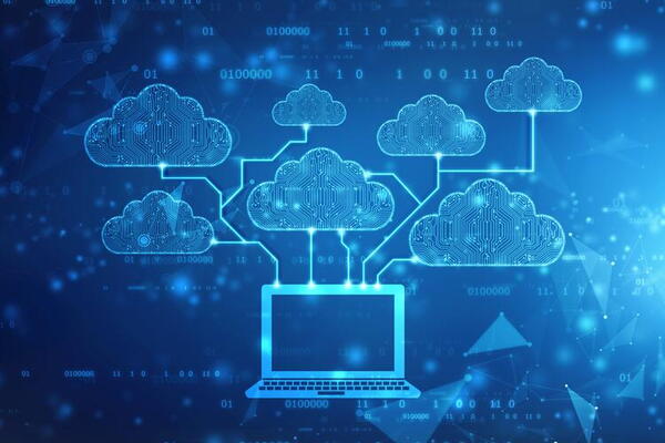 Holograpihc illustration of computer with clouds depicting computer storage