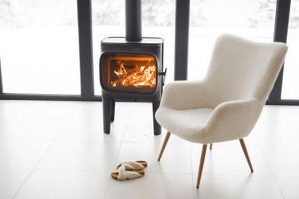 A white white in a room in front of a wood stove