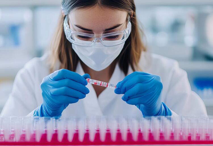 Lab analyst with medical mask looking at assay tube