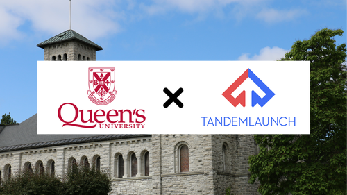 Queen's and Tandem Launch's logos in front of Queen's Grant Hall tower