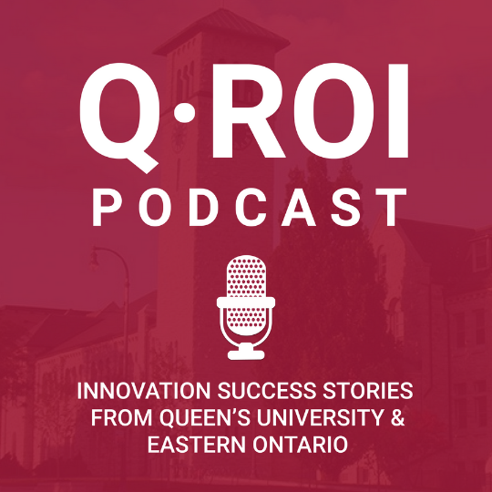 Red box with white text "Queen's Return on Investment (Q-ROI) Podcast"