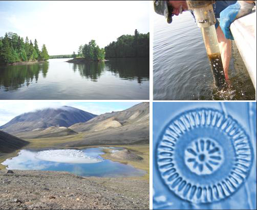 Photos clockwise from top-left: Lake of the Woods, Ontario - A.M. Paterson; retrieval of gravity core from lake
							- K. Rühland; assortment of diatoms - K. Rühland, A. Paul;  ice on Skeleton Lake, Canadian Arctic - I. Lehnherr.