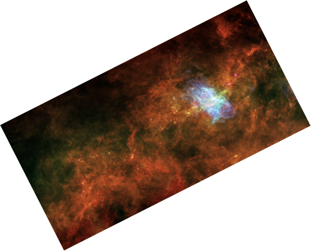 A far-infrared image of glowing dust tracing the structure of the Vela C Giant Molecular Cloud.