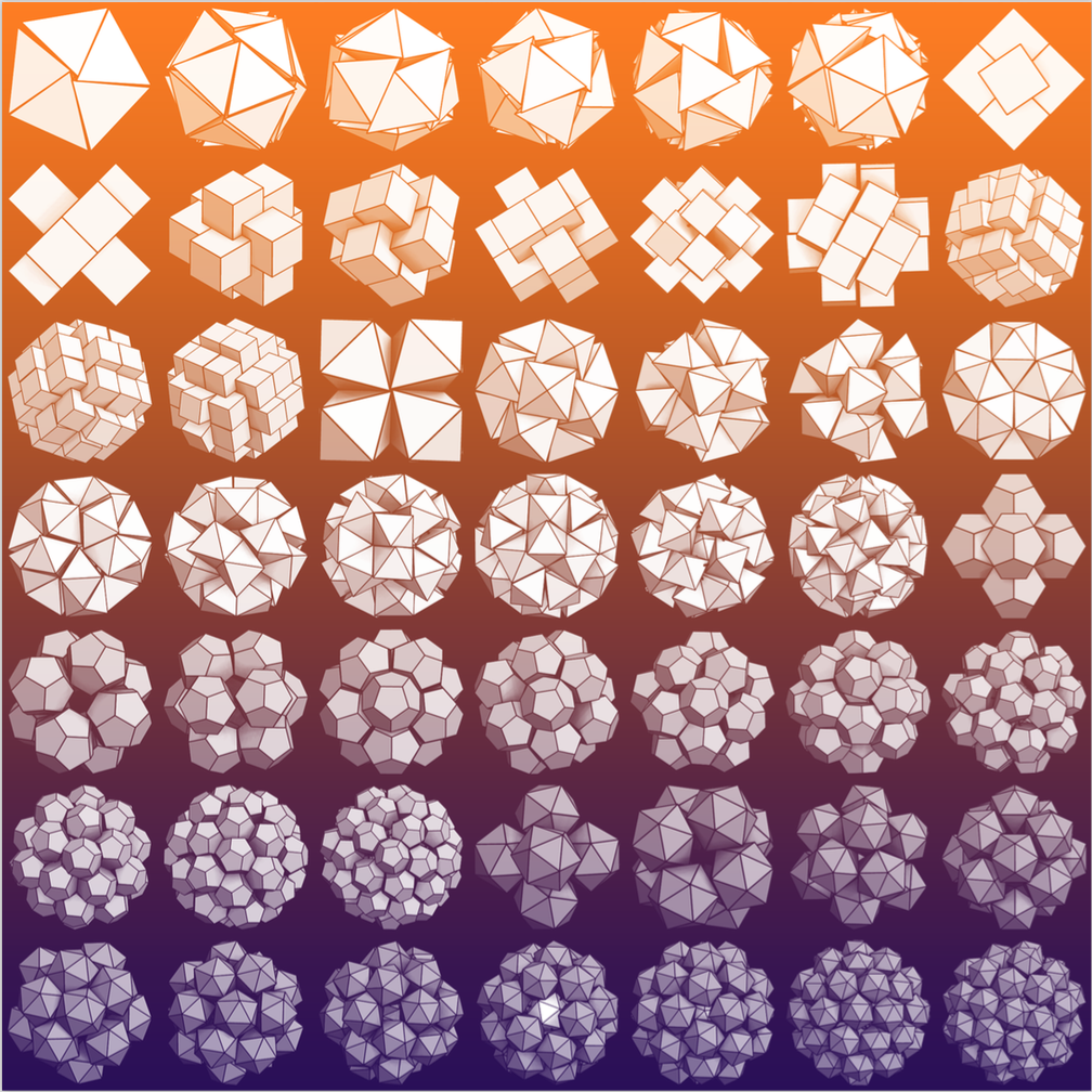 Clusters of Platonic solids packed densely in spheres.