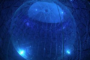 An underwater camera mounted in the SNO+ (Sudbury Neutrino Observatory) neutrino detector captures a snapshot image when the 12-metre diameter acrylic sphere is 85% full. 