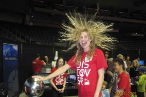 Graduate student Ingrida Semenec (centre) tests out the van de Graaf generator